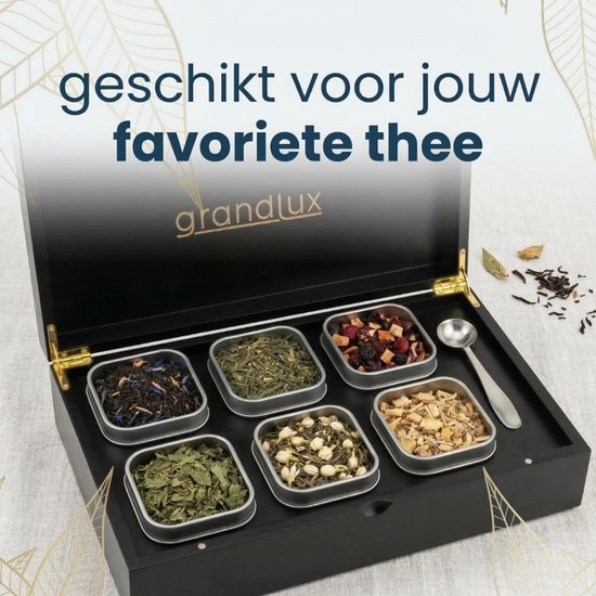 Grandlux Teebox mit 6 Fächern – Teebox für losen Tee – Edelstahl-Löffel – 100 % FSC-zertifiziertes Bambus – 6 Teedosen – Tee-Organizer – Teebox – Schwarz