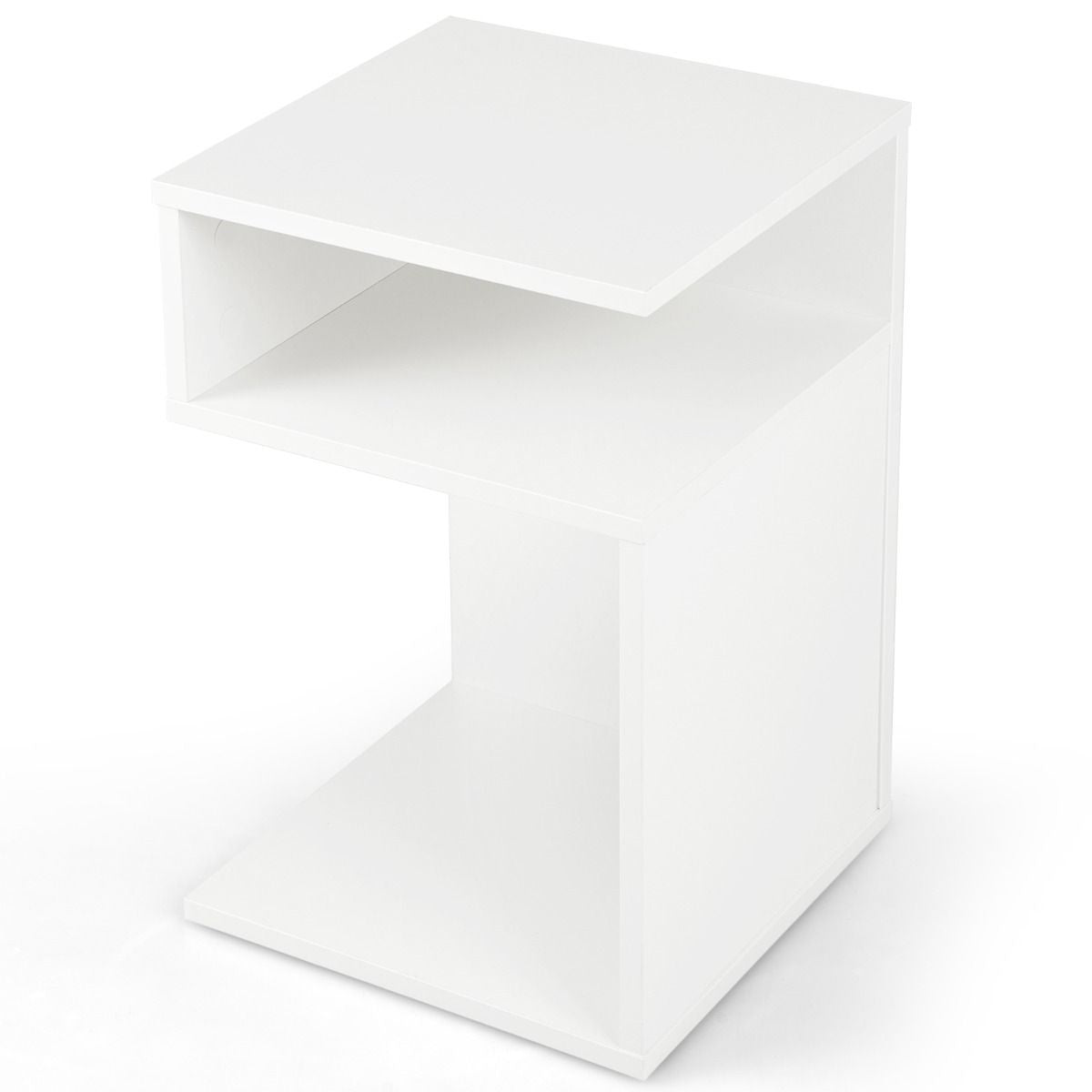 S'-förmiger Wohnzimmer Bank Beistelltisch mit 2 offenen Gewölben Kleiner Couchtisch mit geometrischem Design Weiß