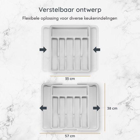 Deleca Ausziehbarer Besteckkasten mit 8 Fächern - Besteckschubladenorganisation - Küchenschubladenbesteckorganisation - Besteckhalter Küche - 57 x 38 cm - Kunststoff / Weiß Grau