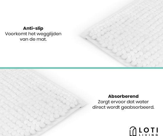 Loti Living Anti-Rutsch-Badematte - Duschmatte - Badematte - Bodenmatte - Chenille-Badematte - Weiß - 50x80 cm