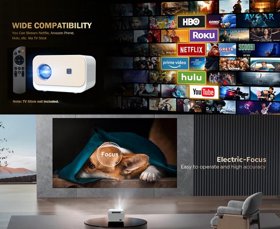 Fuegobird A11 Smart Beamer - 1080P Full HD Projektor - Android TV 9.0 - 200 ANSI - Streaming mit IOS & Android - Elektrischer Fokus und Trapezkorrektur - 1GB RAM+8GB ROM - 2.4G/5G WiFi - BT5.0 - Netflix/Prime Video/Youtube - Weiß