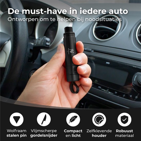 Nuvance Sicherheitshammer – Nothammer – inkl. selbstklebender Halterung und Testglas – Gurtschneider – Auto-Hammer – Sicher unterwegs – Schwarz