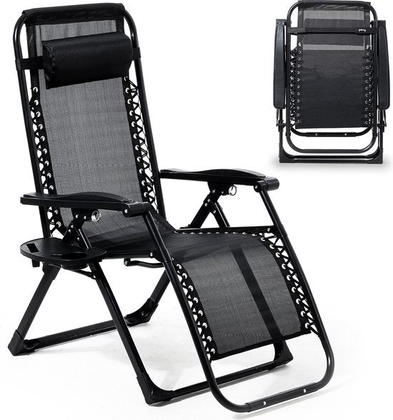Goliving Klappbare Liege - 3 Ständer - 110 x 66 x 178 cm - Mit Tisch - Klappbar - Schwarz