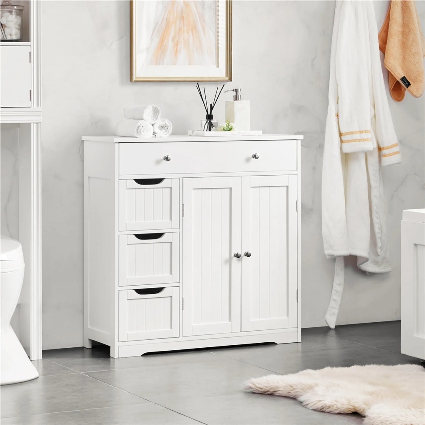 Yaheetech Badezimmerschrank mit 4 Schubladen und 1 Schranktür - Ausgestattet mit verstellbarem Einlegeboden und Anti-Kipp-Set und wasserabweisender Beschichtung - Für Bad und Wohnzimmer - Weiß Mdf - 81 x 30 x 81,5 cm