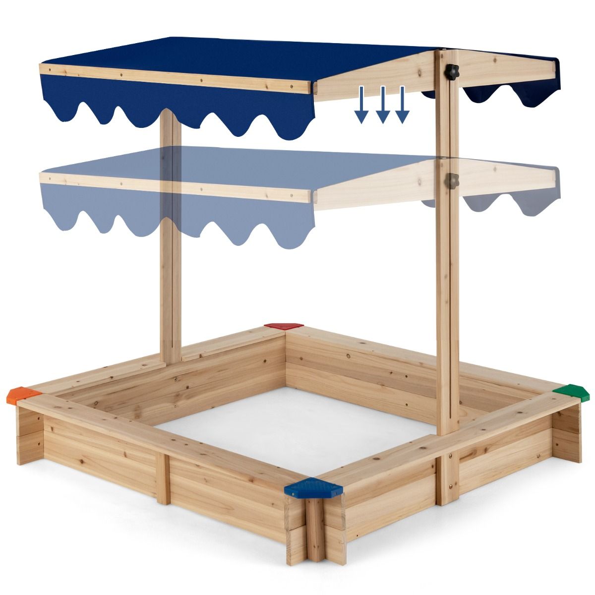 Coast Holzsandkasten mit verstellbarem Sonnendach – ohne Boden – Sitzecke – blau – 121 x 121 x 120 cm