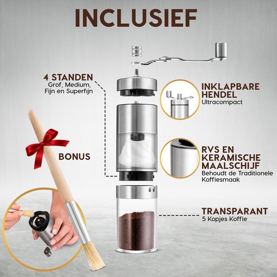 NOI Amsterdam - Manuelle Kaffeemühle - Kaffeemühle - Bohnenmühle mit verstellbaren Positionen inkl. Reinigungsbürste - Edelstahl - Keramikscheiben - Küchenzubehör - Kaffee - Kaffeebohnen