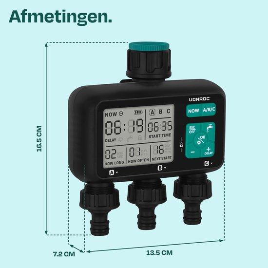 VONROC 3-Wege-Bewässerungsuhr - Bewässerungscomputer für 3 Zonen - Bewässerungszeit und -häufigkeit pro Zone einstellbar