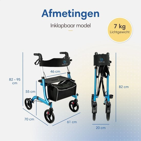 Safe Age - Rollator - leicht und faltbar - Sitzfunktion - für Innen- und Außenbereich - Rückenlehne und Gehstockhalterung