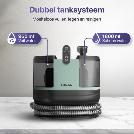LUMAN 4 in 1 Teppichreiniger - Heizfunktion und Selbstreinigung - Fleckenreiniger - Sitzreiniger - Reiniger für Sofa, Boden, Auto und Teppich - 4 Bürsten - Inklusive Reinigungsmittel - 7 Meter Kabel