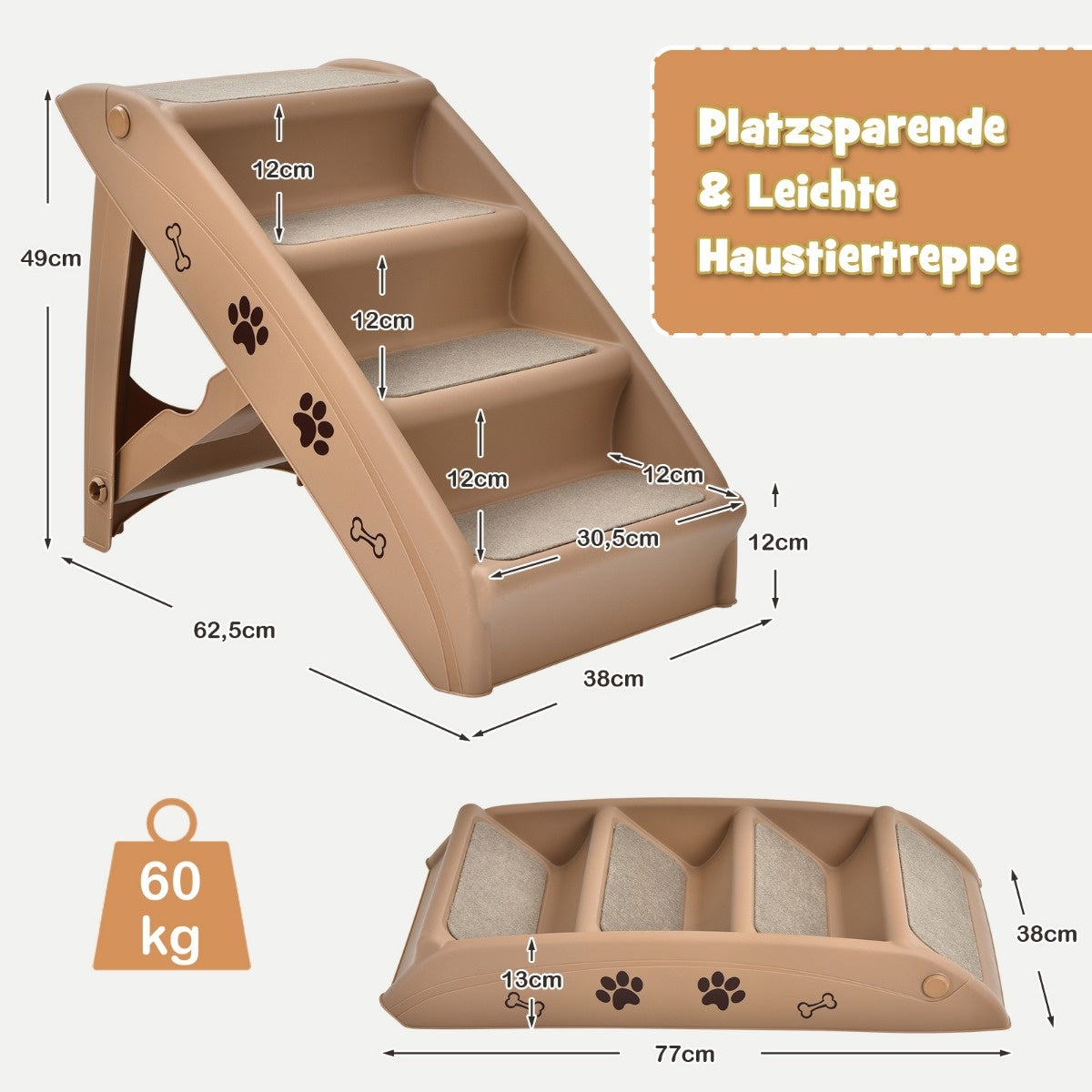 Coast Pet Treppe mit 4 Stufen tragbare Kletterleiter sicher hundert Hang 62,5 x 38 x 49 cm braun
