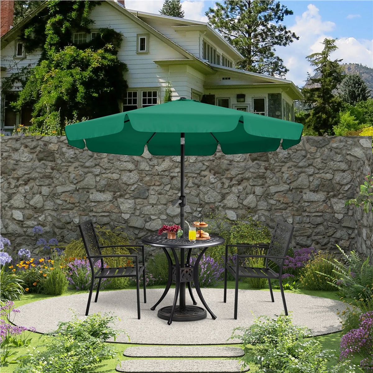 Gartenschirm mit Volant, Ø 267,5 cm, neigbar, mit 8 Streben und Belüftungsöffnung, dunkelgrün