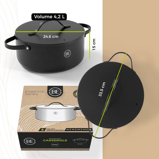 BE Living Essential Kasserolle mit Deckel - Ø 24 cm - Kochtopf - Keramik - PFAS-frei - Induktion - Schwarz