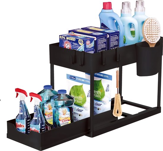 Nexxt Küchenschrank-Organizer - 2 Lagen - Regal mit ausziehbarer Schublade - Inklusive Haken und Tabletts - Spülen-Organizer - Schwarz