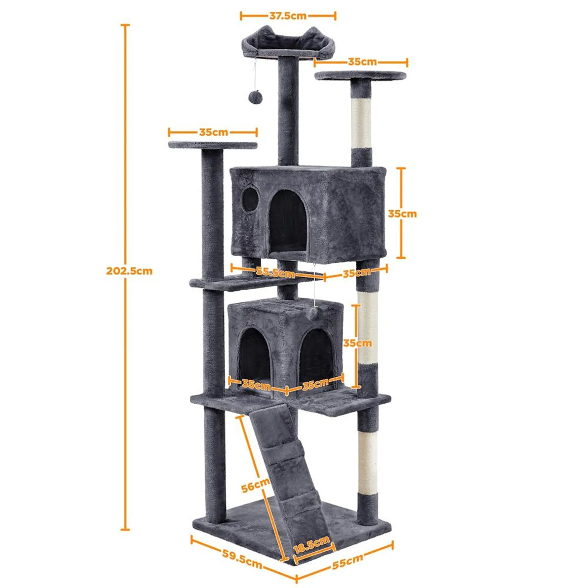 Yaheetech Katzenpfosten XXL mit zwei Katzenkörben - ausgestattet mit Kletterrampe und Katzenohr-Liege und hängenden Spielbällen - für Haushalte mit mehreren Katzen - dunkelgrauer Plüsch und Sisal - 59,5 x 55 x 202,5 cm
