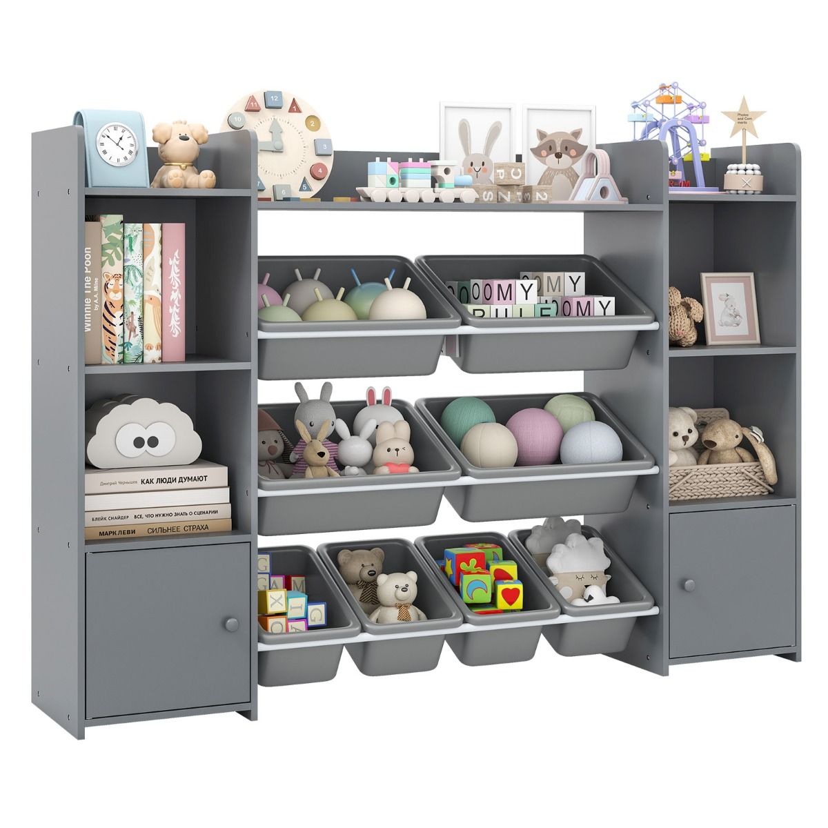 Coast Spielzeugschrank mit 4 Fächern – 8 herausnehmbare Behälter – Bücherregal – grau