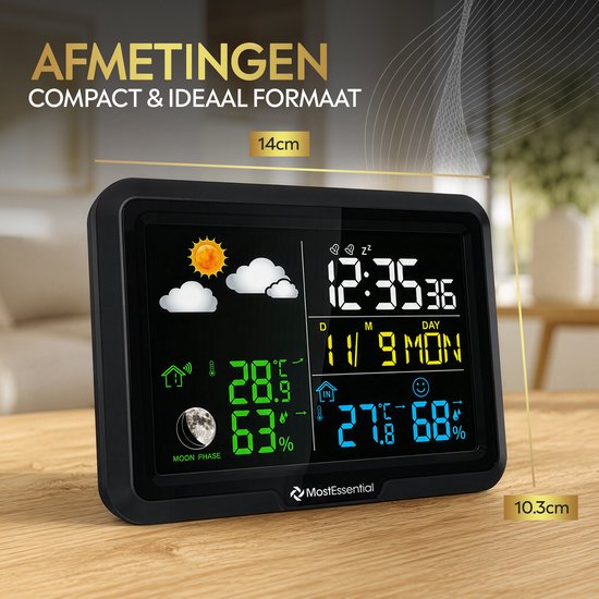 MostEssential Classic Edition Wetterstation – Plug-&-Play-Installation – Kabellos – Wetterstation mit Außensensor – Hygrometer – Innen und Außen – 100 Meter Reichweite – 1 Sensor