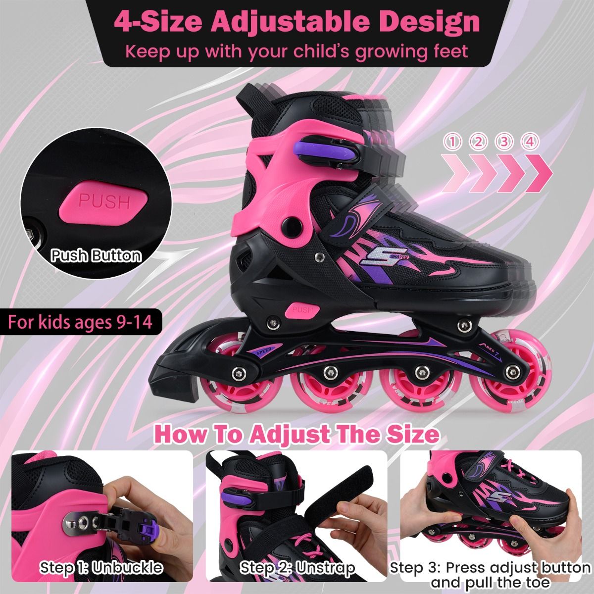 Coast Inlineskates für Kinder – verstellbar – leuchtende Rollen – Größe 38–41 EU – Farbe: Rosa