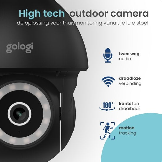Gologi Superior Outdoor Kamera 2 - Außenkamera mit Nachtsicht - Sicherheitskamera - Wand- und Dachmontage - 4MP - Mit Wifi und App - Schwarz
