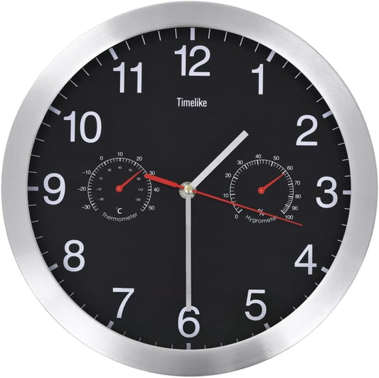 VidaXL Wanduhr Ø 30 cm mit Thermometer und Hygrometer – Präzises Quarzwerk – Aluminium, schwarz