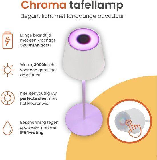 Goliving Chroma Tischlampe Wiederaufladbar - Kabellos und dimmbar - Touch Lampe - Nachtlampe Schlafzimmer & Wohnzimmer - RGBW - 37.5 cm - Weiß