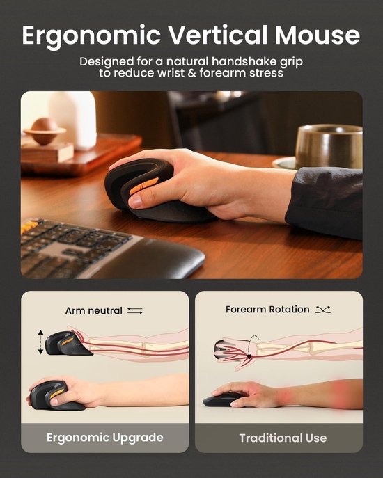 Ergonomische vertikale Maus – Kabellose ergonomische Maus – Bluetooth & 2,4 GHz – Über USB-C aufladbar – Für 3 Geräte – Einstellbare DPI – Geräuscharm – Schwarz (für Rechtshänder)