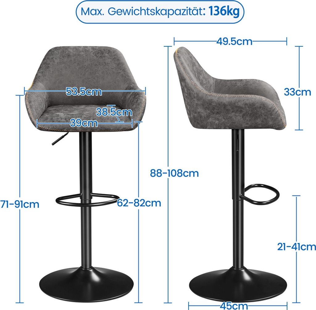 Yaheetech 2er-Set Barhocker mit Rückenlehne – um 360° drehbar – höhenverstellbar von 87,5 bis 107,5 cm – Kunstleder und Metall – grau