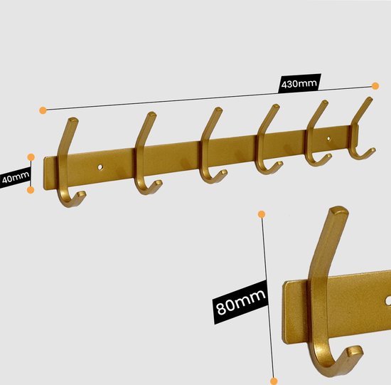Duna Wandgarderobe - 12 Haken - Edelstahl - Wandgarderobe zum Aufhängen - Handtuchhalter - 3M-Band - Messing - Gold