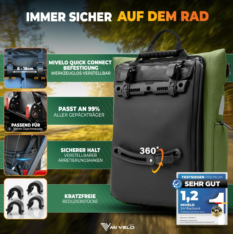 MiVelo EVO Fahrradtasche/Rucksack – 25 l – 100 % wasserdicht – 3-in-1 – Laptopfach – 60 x 30 x 15 cm