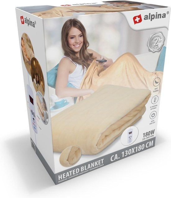 Alpina Heizdecke - Elektroheizung - 1 Person - Flanell - mit Zeitschaltuhr - 10 Heizstufen - 130x180 cm - Beige