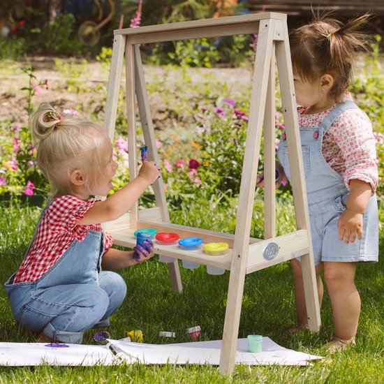 AXI Eric Malständer aus Holz in Naturbraun – Maltisch für Kinder für drinnen und draußen mit Plexiglasplatte und 4 Farbtöpfen – 50 x 70 x 105 cm