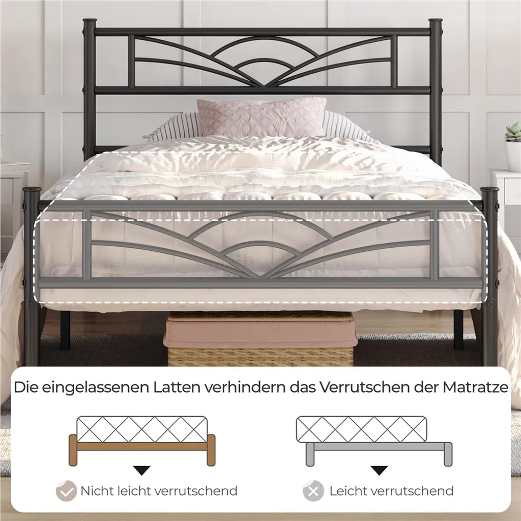 Yaheetech Metallbettgestell 90 x 200 cm – Schwarz – Mit Kopfteil mit Wolkenmuster