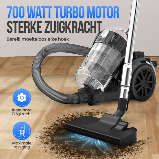 Strex Beutelloser Staubsauger - 700W Leistungsstarker beutelloser Staubsauger - HEPA Filter - 2.5L Staubbehälter - Extra langes Kabel - Inklusive 4 Aufsätze