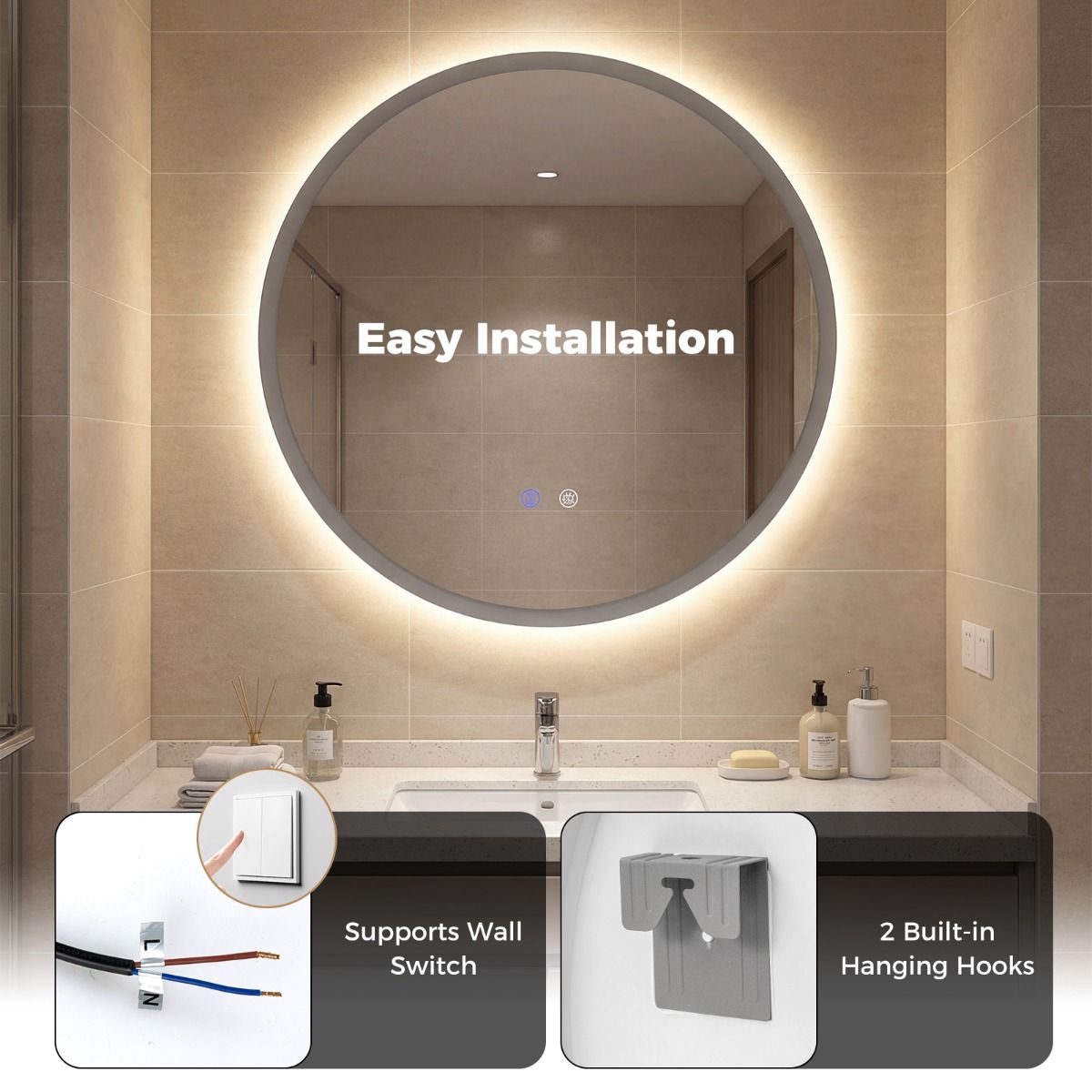 Coast Ronde LED-Badezimmerspiegel – Kosmetikspiegel mit Hintergrundbeleuchtung – 3 Lichtfarben – 60 cm – Silber