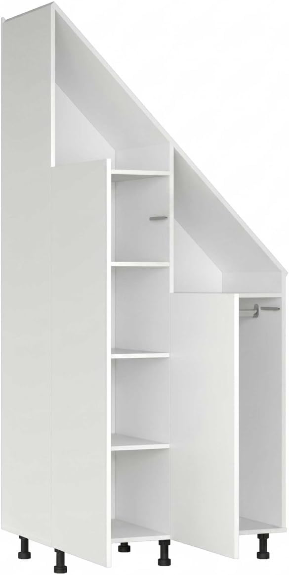 VDD Schrank für schräge Wände – Dachbodenschrank mit offenen Fächern und Türen – 91 x 47 x 182/90 cm – verstellbare Füße – Weiß