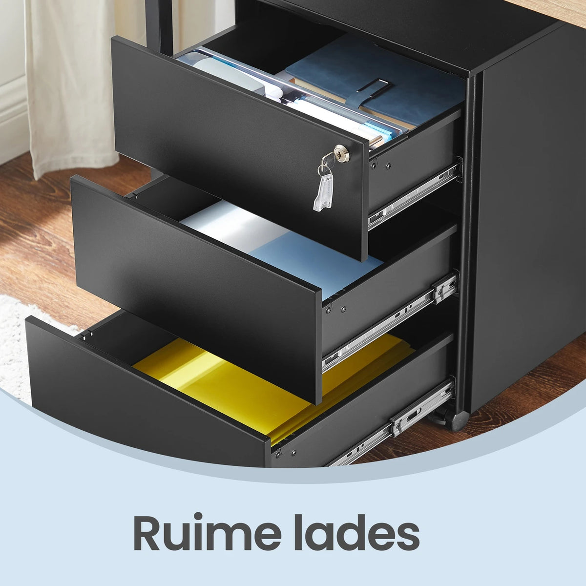 Ochama Matte Black abschließbarer mobiler Aktenschrank – 3 Schubladen, vormontiert, zur Aufbewahrung von Dokumenten und Büromaterial, 39 x 45,1 x 53,8 cm – Kompakte Aufbewahrungslösung für das Büro oder das Homeoffice