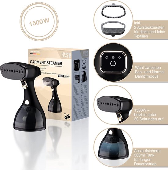 Lebenlang Quick & Go Dampfreiniger - Inkl. 2 Aufsätze - 1500W - Schwarz - 16 x 12 x 25 cm