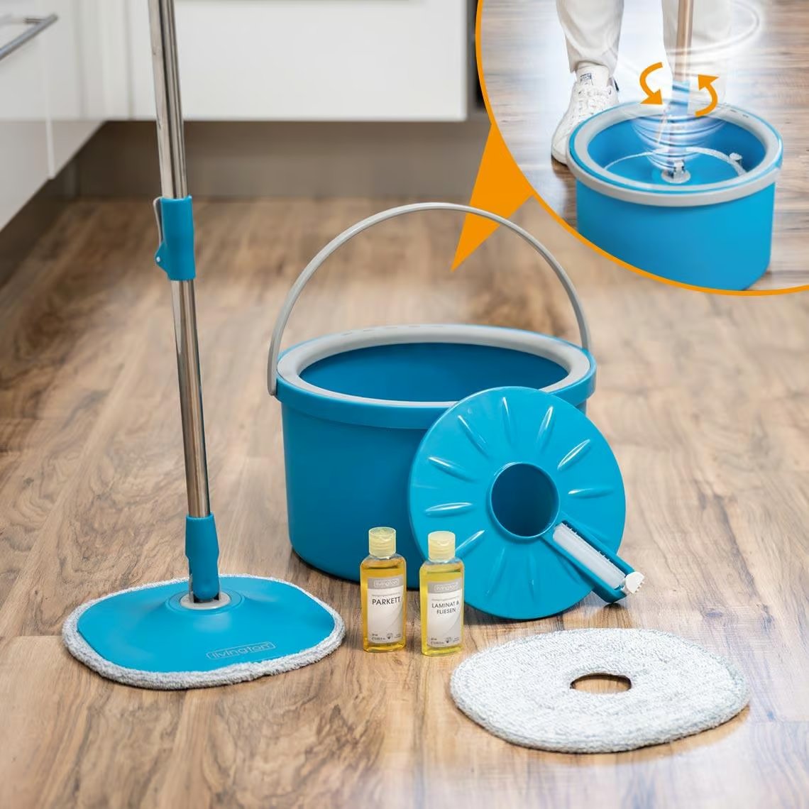 Livington Clean Water Spin Mop – Immer sauberes Wasser – Inklusive Reinigungsmittel und Pads – Für alle Bodenbeläge