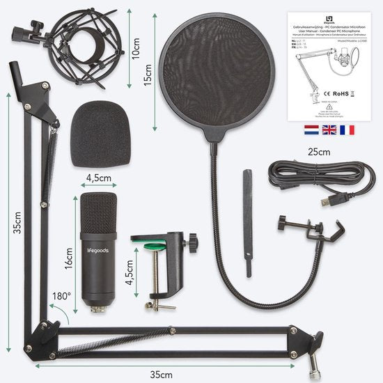 LifeGoods Mikrofon für PC - mit Arm - Gaming-Mikrofon - Streaming - Kondensator - Rauschunterdrückung - Pop Cap - Pop Filter - Schwarz