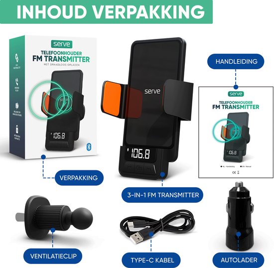 Serve 3in1 Bluetooth FM Transmitter, Telefonhalterung Auto & drahtloses Schnellladegerät 15W - Car Kit für Musik - Telefonhalterungen Autozubehör - berührungsloses Autoladegerät - Lüftungshalterung