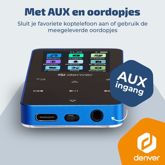Denver MP3/MP4-Player – Bluetooth – Zufallswiedergabe/Wiederholung – SD-Karte bis zu 128 GB – inkl. Ohrhörer – Diktiergerät – MP1830BU – Blau