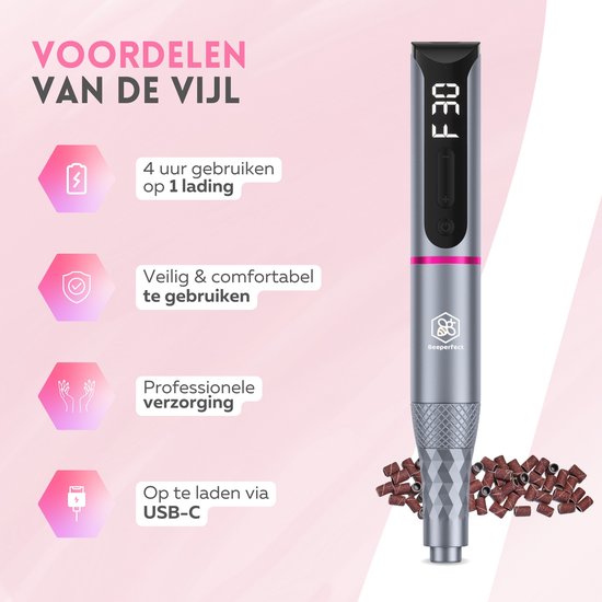 Beeperfect® Cordless Electric Nail File Pro Edition - Nagelfräse - Maniküre- und Pediküre-Set - wiederaufladbar - 11 Bits und 60 Schleifrollen - 30.000 U/min