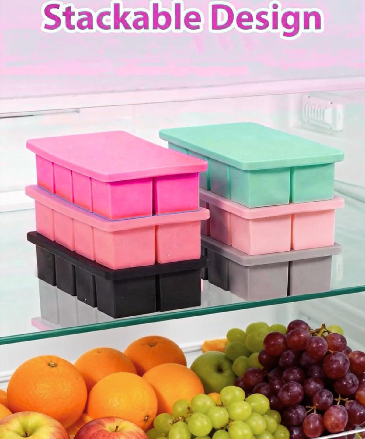 Lxndaser Eiswürfelform, groß, mit Deckel, 2er-Set – 16 quadratische Eiswürfel à 4,6 cm – auslaufsicher und stapelbar – Dunkelrosa und Hellrosa