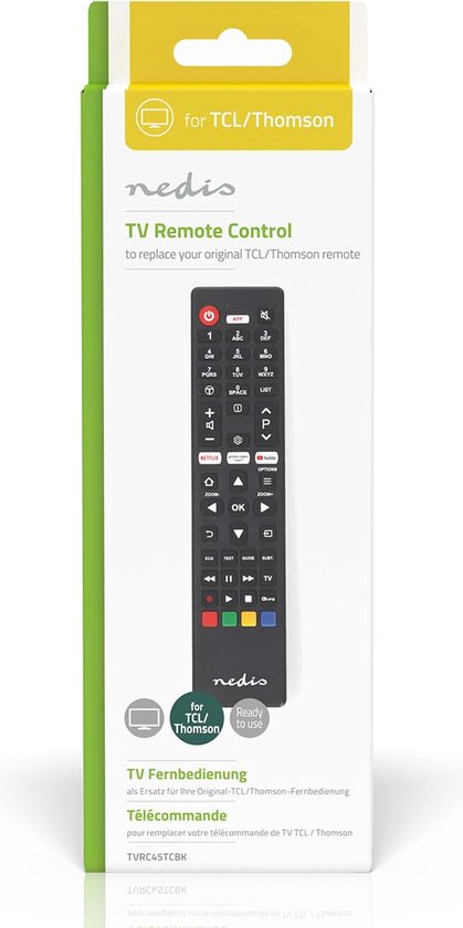Nedis Ersatzfernbedienung – Geeignet für: TCL/Thomson – Vorprogrammiert – 1 Gerät – Amazon Prime-/Netflix-Taste/YouTube-Taste – Infrarot – Schwarz
