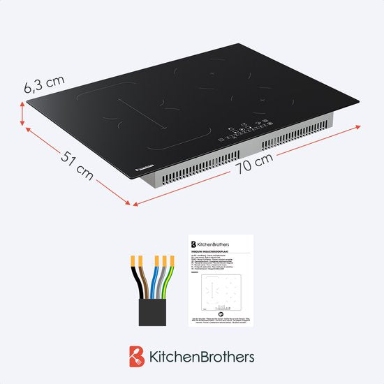 KitchenBrothers - Eingebautes Induktionskochfeld - 70 cm - 4 Kochzonen (2800W pro Zone) - Flex Zone & Turbo Boost - Glas & Keramik - Schwarz