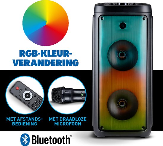 Bluetooth-Lautsprecher mit Mikrofon - Partybox mit Stimmungsbeleuchtung - Musikbox und Karaoke-Set - Party-Lautsprecher mit Bluetooth-, Aux- und USB-Eingängen - leicht zu transportieren mit Tragegriff - Schwarz