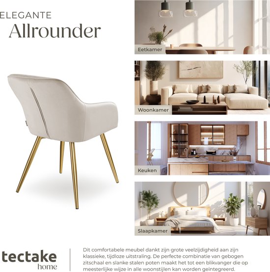 tectake® Marilyn Esszimmerstuhl - Mit Armlehnen - Eleganter Stuhl mit gepolstertem Samtsitz - Gepolstert - Goldene Metallbeine - Ergonomischer Küchenstuhl - Stuhl für Wohnzimmer, Esszimmer und Schlafzimmer - Taupe