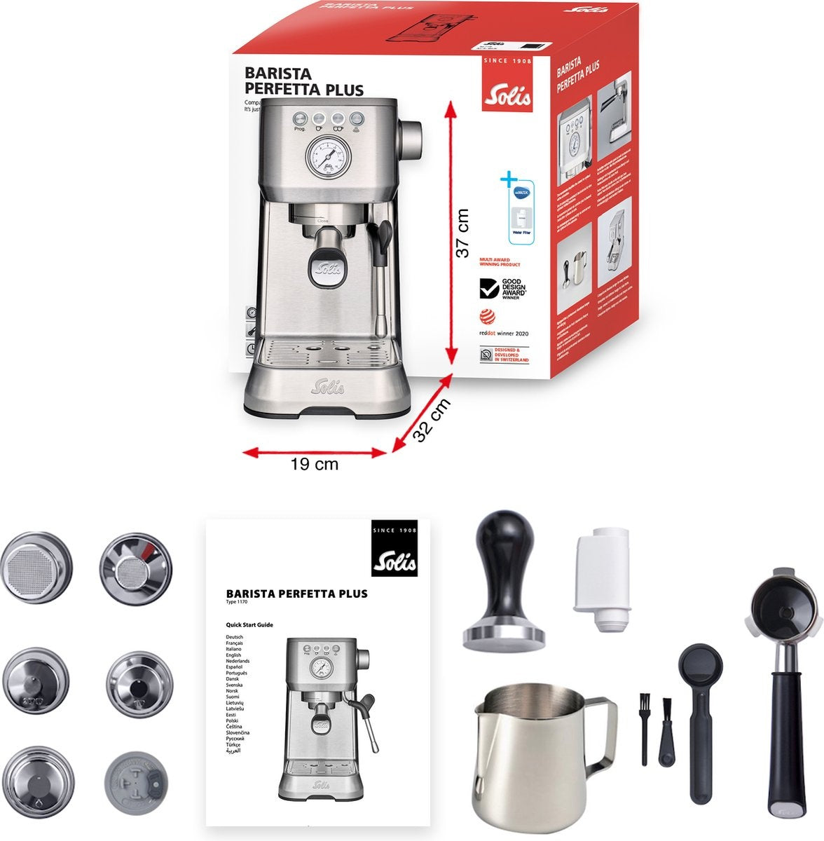 Solis - Barista Perfetta Plus 1170 V2 - 1700W Kolben Espressomaschine - Espresso & Cappuccino - Silber