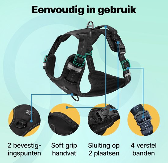 Jake and Jacky - Hundegeschirr - Y-Geschirr Hund - Reflektierend - Größe L - Schwarz