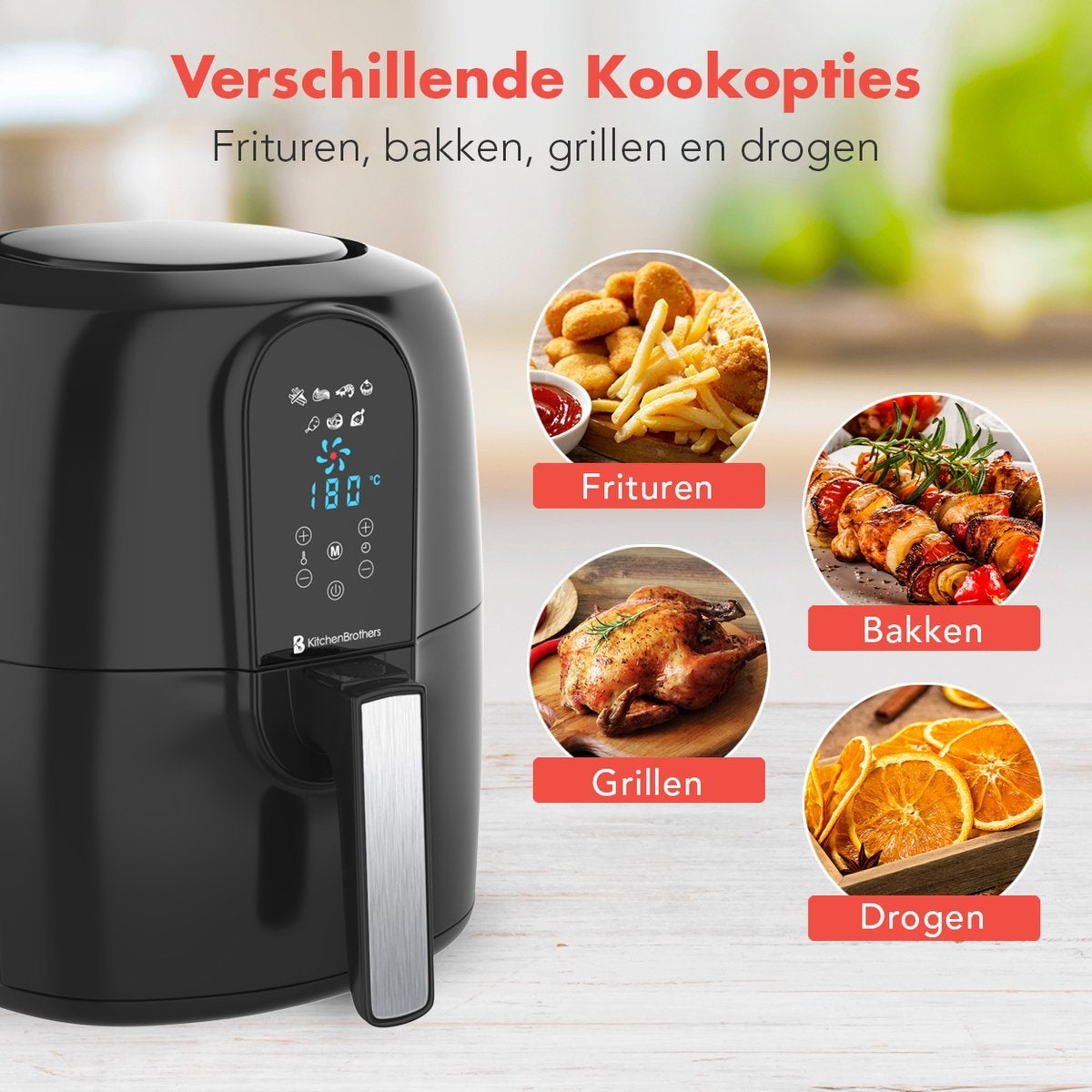KitchenBrothers Airfryer XXL - Heißluftfritteuse XL - 1890W - 7.2L - Schwarz