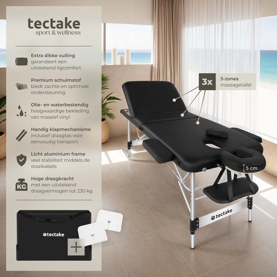 tectake® 3-Zonen-Massagetisch - 70cm breit - Behandlungsliege mit 5cm dicker Polsterung und Aluminiumrahmen - Inklusive 15 Kopfstützentüchern und Tragetasche - Maximale Belastbarkeit 230kg - Schwarz